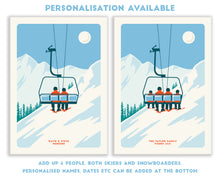 Load image into Gallery viewer, Personalised Family ski print, Custom Couple Ski poster, Custom Family Ski poster, Ski print, Engagement Gift, Ski Gif