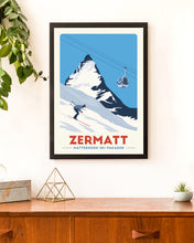 Load image into Gallery viewer, Zermatt Ski print, Matterhorn print, Ski Gifts, Gondola print, Vintage Travel Poster, Skiing Art, Ski Resort Print - Trail Bound Prints