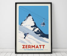 Load image into Gallery viewer, Zermatt Ski print, Matterhorn print, Ski Gifts, Gondola print, Vintage Travel Poster, Skiing Art, Ski Resort Print - Trail Bound Prints