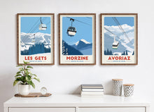 Load image into Gallery viewer, Ski Travel Posters, Set of 3, Ski Gondolas, Ski lifts, Portes Du Soleil, Morzine, Les Gets, Avoriaz - Trail Bound Prints