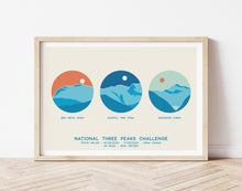 Load image into Gallery viewer, UK National Three Peaks Challenge poster, Ben Nevis, Scafell Pike, Snowdon, Three Peaks