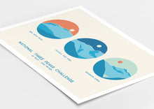 Load image into Gallery viewer, UK National Three Peaks Challenge poster, Ben Nevis, Scafell Pike, Snowdon, Three Peaks