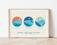 Load image into Gallery viewer, UK National Three Peaks Challenge poster, Ben Nevis, Scafell Pike, Snowdon, Three Peaks