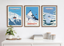Load image into Gallery viewer, Ski Travel Posters, Set of 3, Alps Ski Posters, Ski Gondolas, Ski lifts, Cable Cars, Chamonix, Zermatt, Meribel, Ski Gifts
