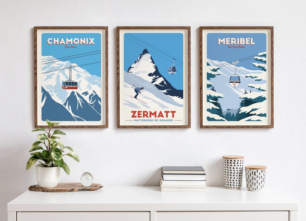 Ski Travel Posters, Set of 3, Alps Ski Posters, Ski Gondolas, Ski lifts, Cable Cars, Chamonix, Zermatt, Meribel, Ski Gifts