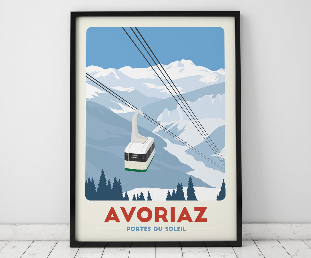 Avoriaz Gondola print, Morzine artwork, Portes Du Soleil, Ski Resort Poster