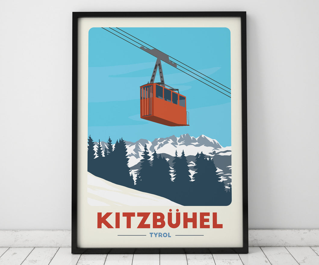 Kitzbuhel Gondola print, Vintage Travel Poster, Austria Ski Art