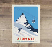 Load image into Gallery viewer, Zermatt Ski print, Matterhorn print, Ski Gifts, Gondola print, Vintage Travel Poster, Skiing Art, Ski Resort Print - Trail Bound Prints
