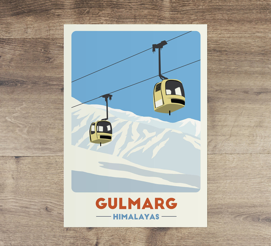 Gulmarg Gondola print, Himalayas, Vintage Travel Poster, Skiing Art