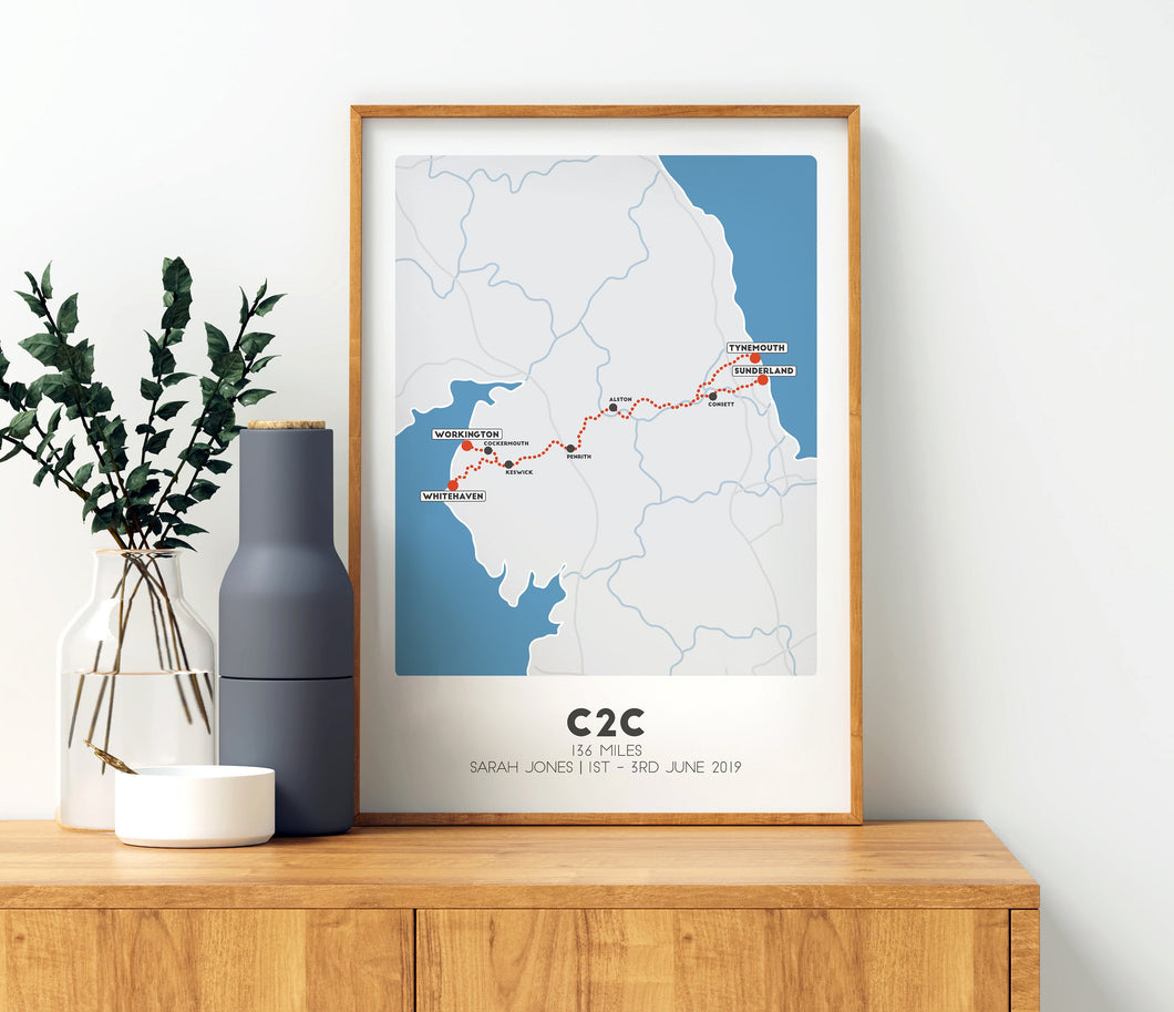 C2C Cycling map print, Coast to Coast Cycle route, Cycling print
