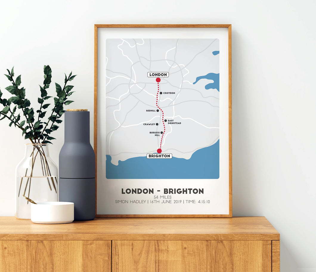 London to Brighton Bike Ride map, Cycling print