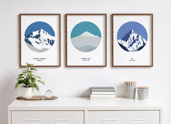 Set of 3 Asian Mountain Prints - Everest, Fuji & K2 - Trail Bound Prints
