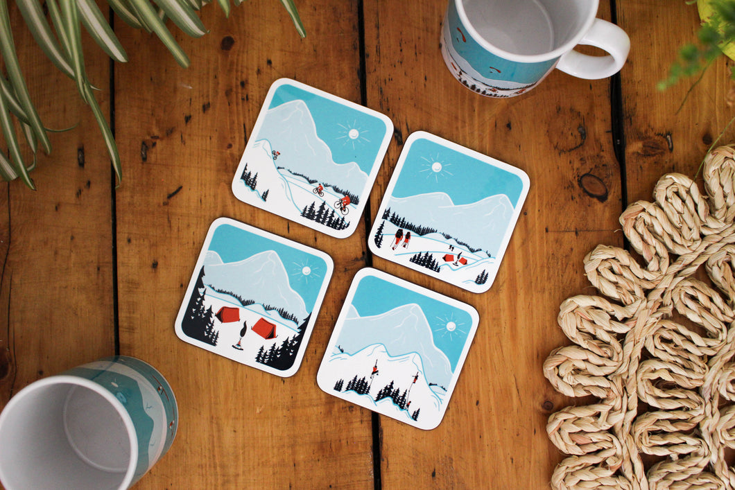 Set of 4 Summer Sports Coasters, Summer Activities Coasters, Cycling, Hiking, Mountain Biking, Camping, Climbing