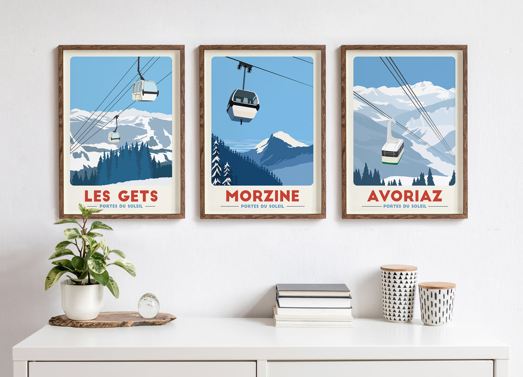 Set of 3 Gondola Prints - Val D'Isere, Morzine & Courchevel - France