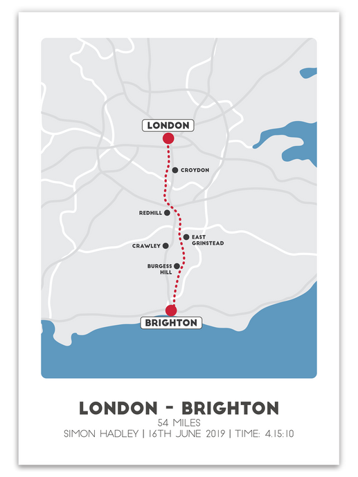 London to Brighton Cycle Route Print - UK - Trail Bound Prints
