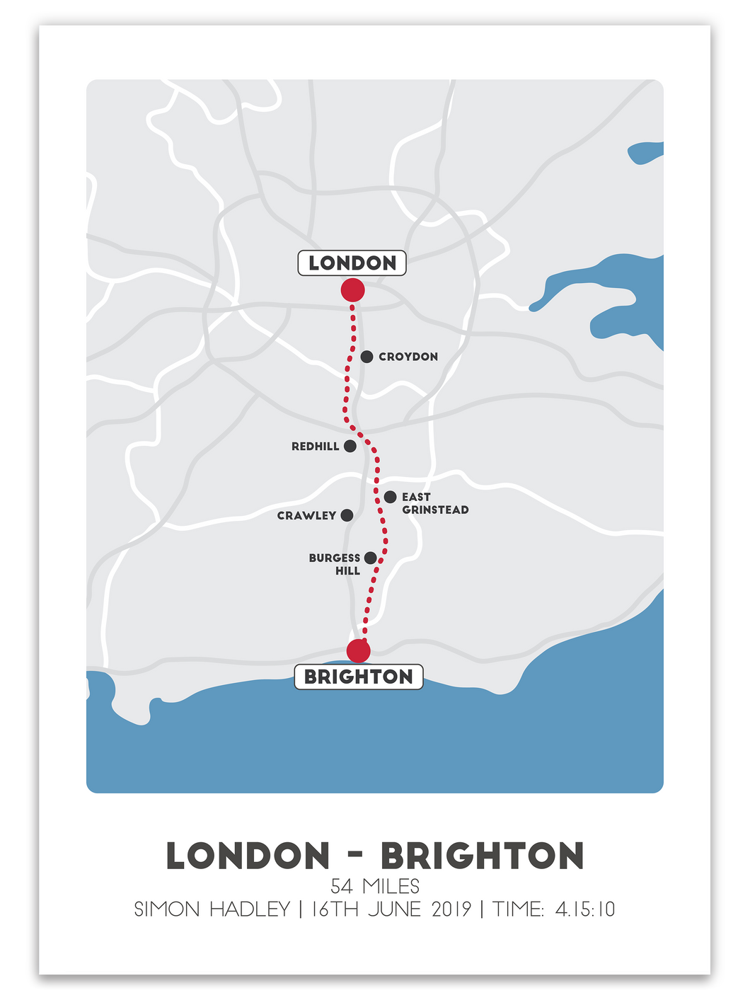 London to Brighton Cycle Route Print - UK - Trail Bound Prints